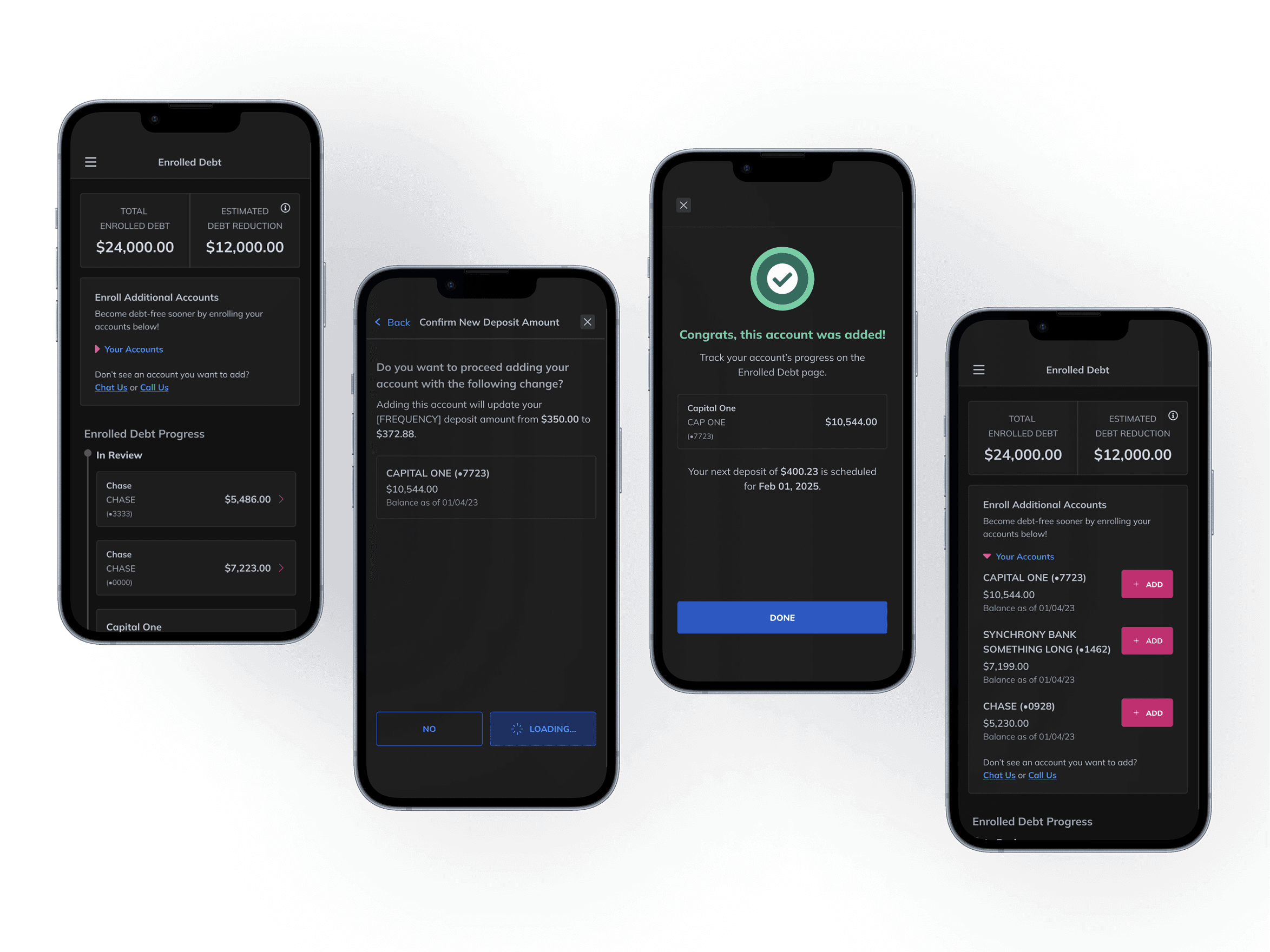 V1 dark mode — 3-phone mockup showing the self-enrollment flow