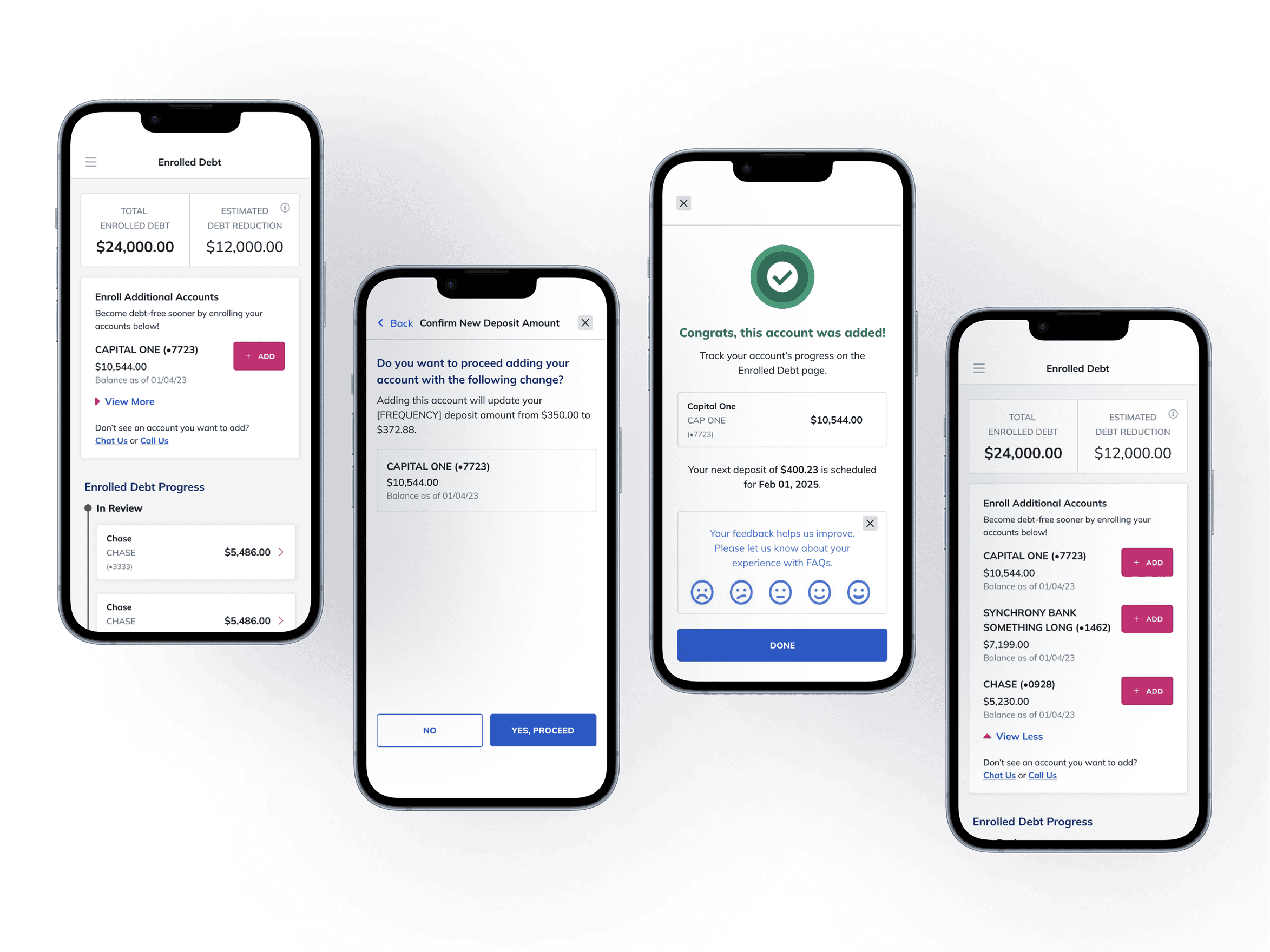 V1 light mode — 3-phone mockup showing the self-enrollment flow
